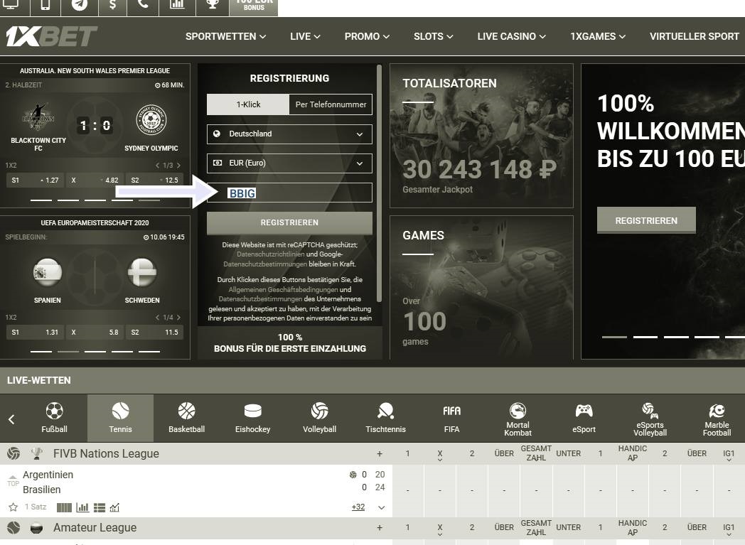 Anmeldeformular für 1xbet