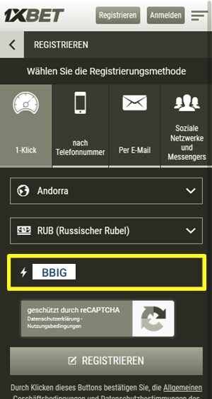 Anmeldeformular für 1xbet