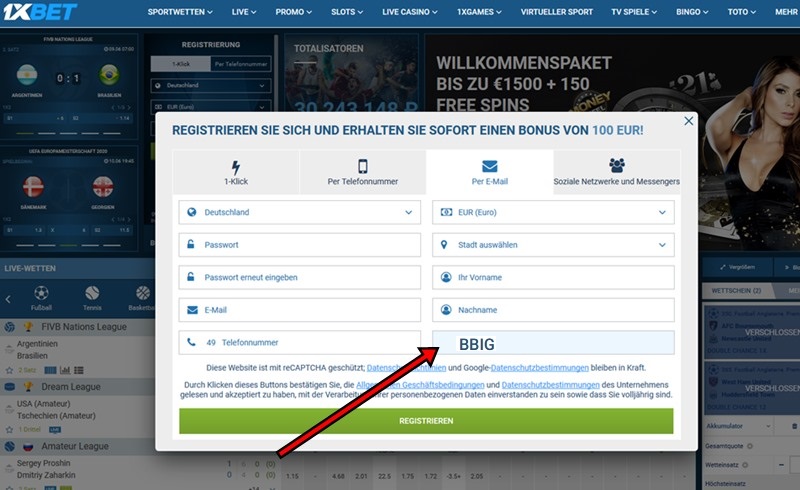 Anmeldeformular für 1xbet