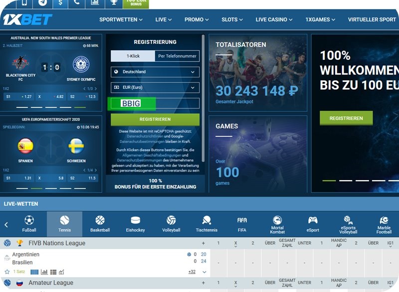 Anmeldeformular für 1xbet