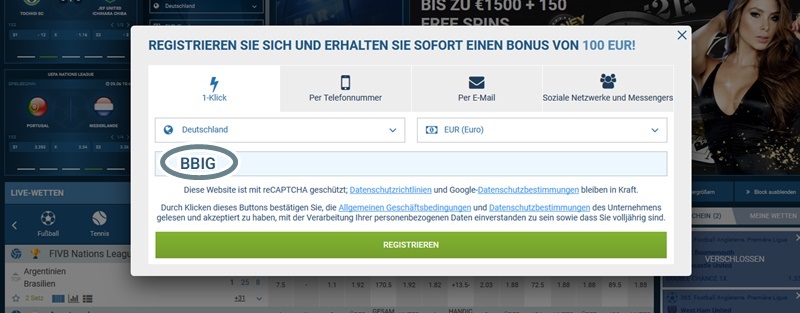 Anmeldeformular für 1xbet