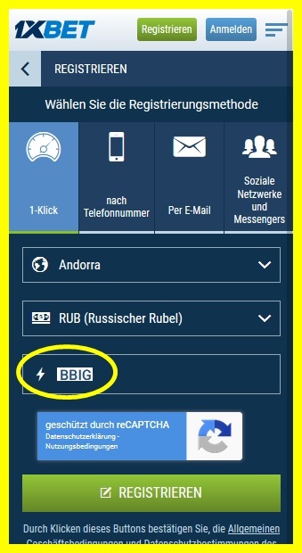 Anmeldeformular für 1xbet