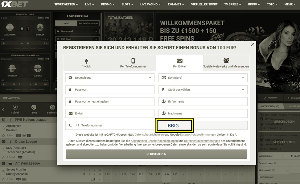 Anmeldeformular für 1xbet