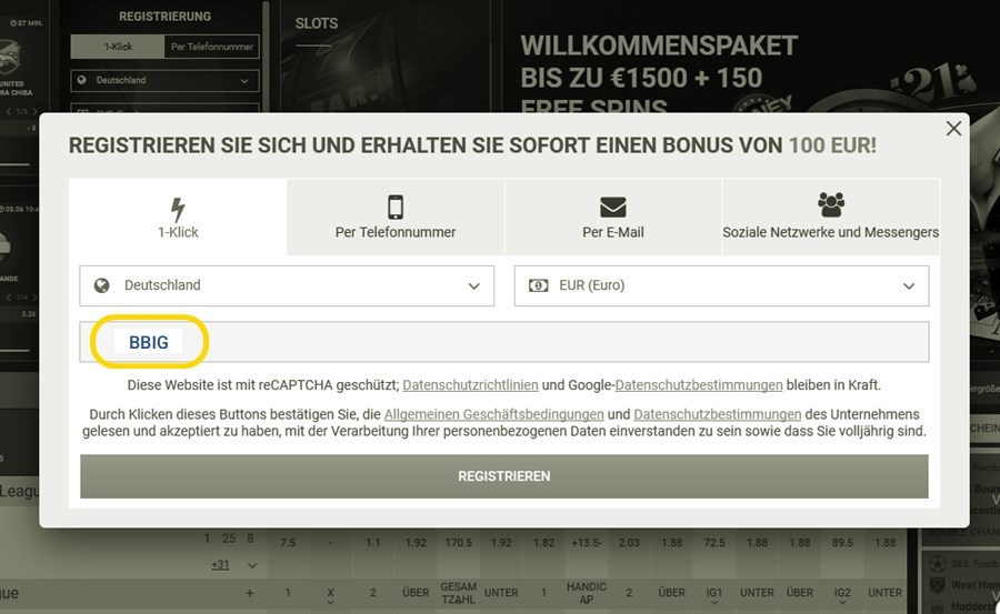 Anmeldeformular für 1xbet