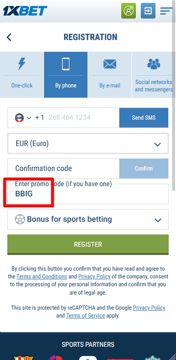 Registration form at 1xbet