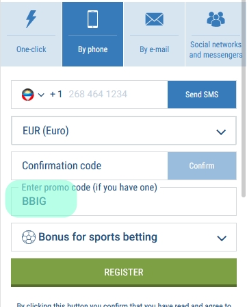 Registration form at 1xbet