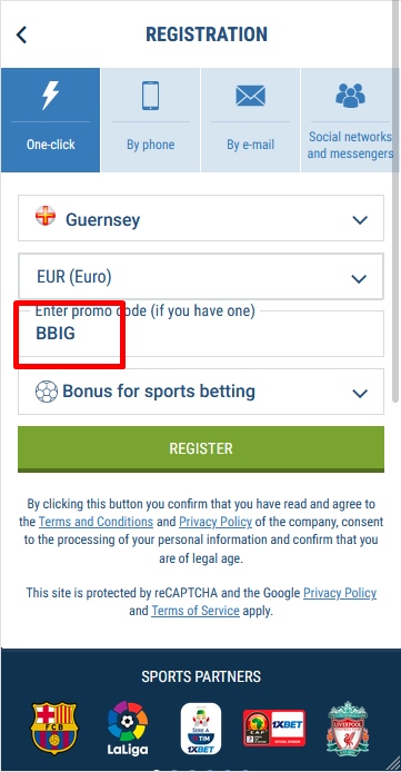 Registration form at 1xbet