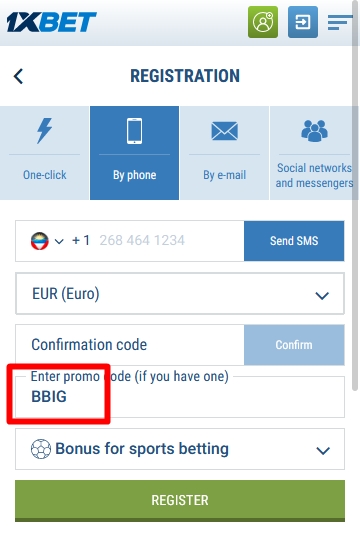 Registration form at 1xbet