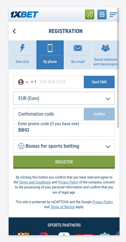 Registration form at 1xbet