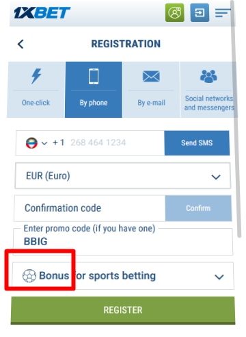 Registration form at 1xbet