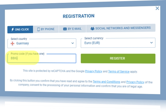 Registration form at 1xbet