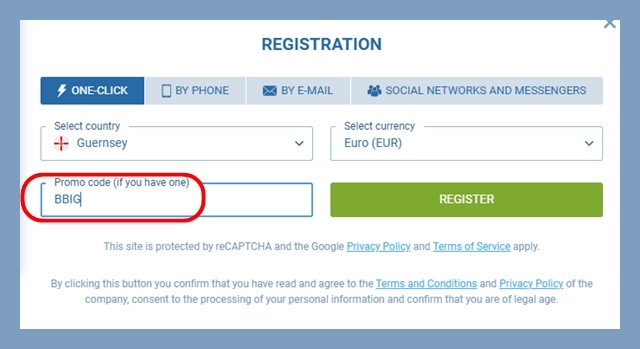 Registration form at 1xbet