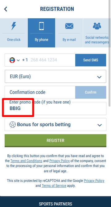 Registration form at 1xbet