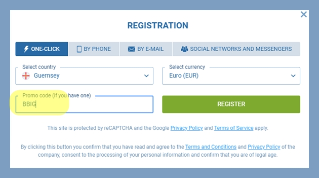 Registration form at 1xbet