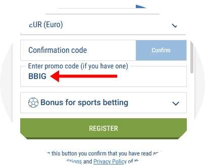 Registration form at 1xbet