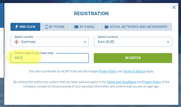 Registration form at 1xbet