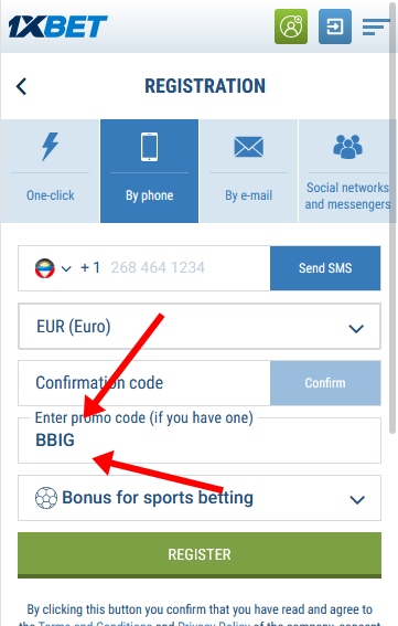 Registration form at 1xbet