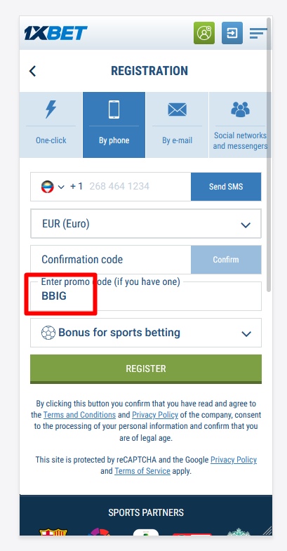 Registration form at 1xbet