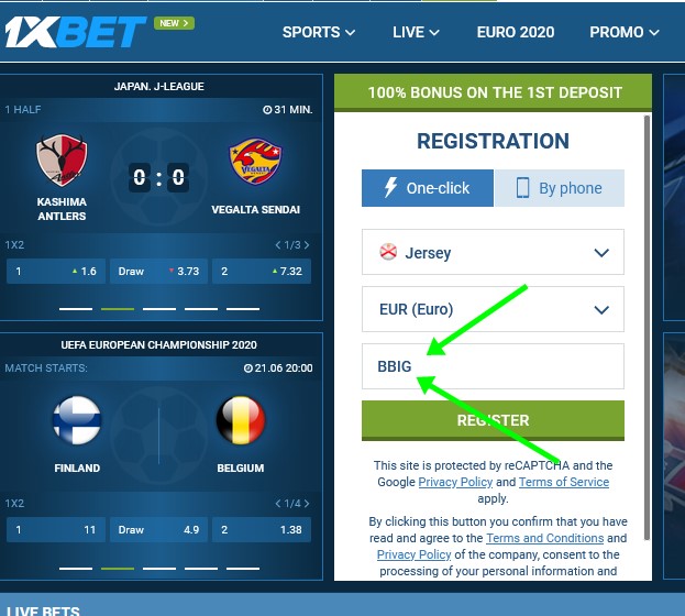 Registration form at 1xbet