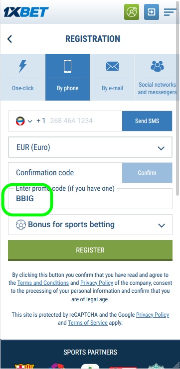 Registration form at 1xbet