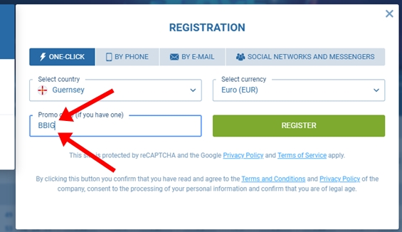 Registration form at 1xbet