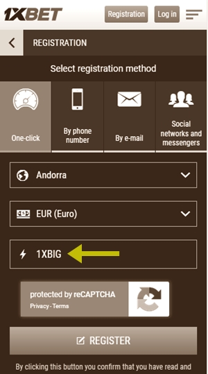 Registration form at 1xbet