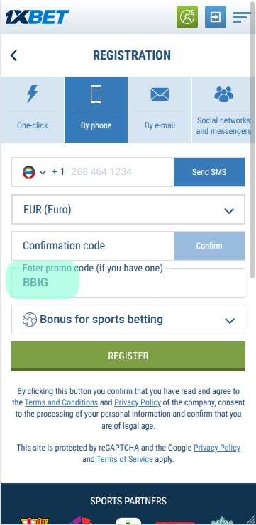 Registration form at 1xbet