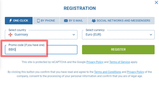 Registration form at 1xbet