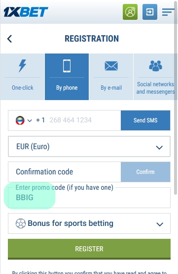 Registration form at 1xbet