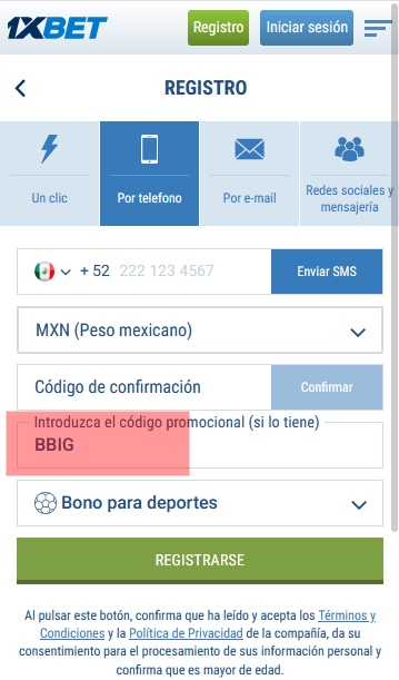 Formulario de inscripción 1xbet