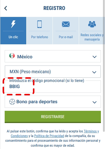 Formulario de inscripción 1xbet