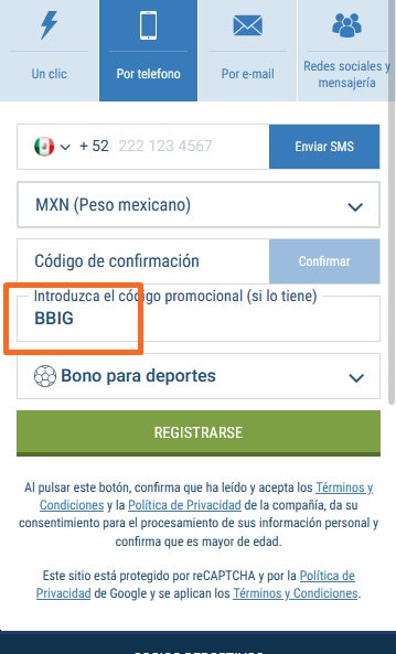 Formulario de inscripción 1xbet