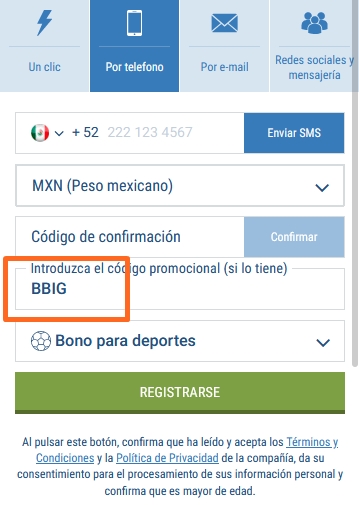 Formulario de inscripción 1xbet