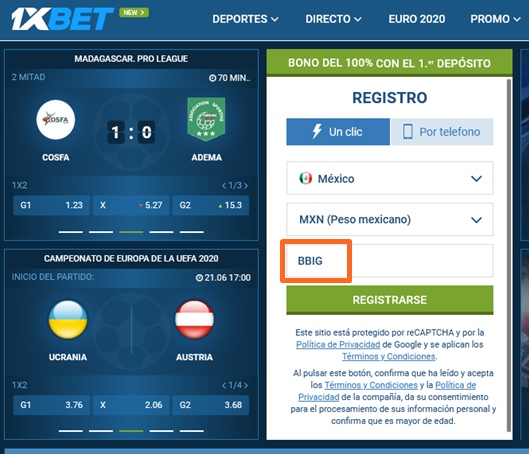 Formulario de inscripción 1xbet