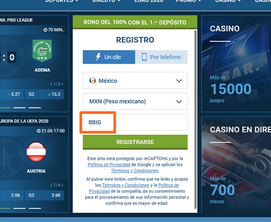 Formulario de inscripción 1xbet