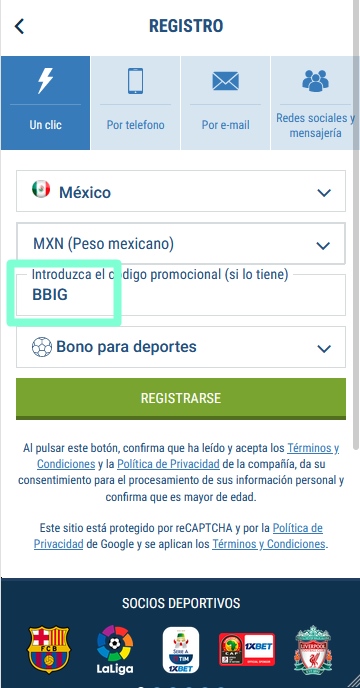 Formulario de inscripción 1xbet