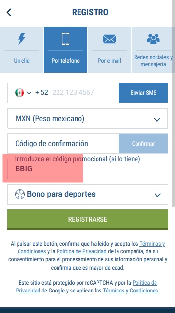 Formulario de inscripción 1xbet