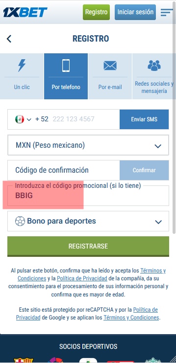 Formulario de inscripción 1xbet