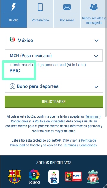 Formulario de inscripción 1xbet