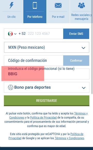 Formulario de inscripción 1xbet