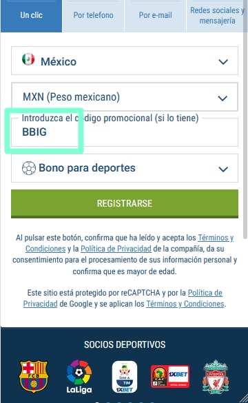 Formulario de inscripción 1xbet