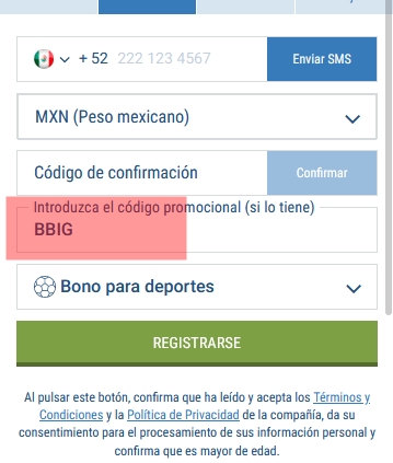 Formulario de inscripción 1xbet