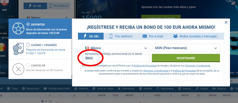 Formulario de inscripción 1xbet