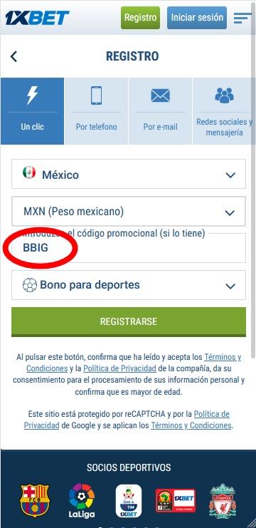 Formulario de inscripción 1xbet