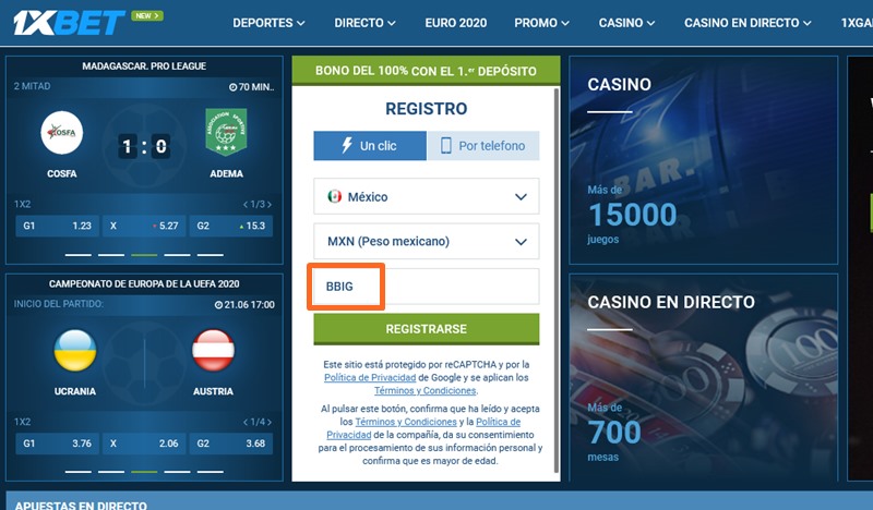 Formulario de inscripción 1xbet