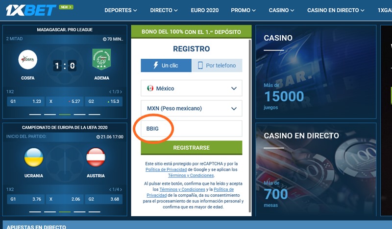 Formulario de inscripción 1xbet