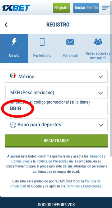 Formulario de inscripción 1xbet