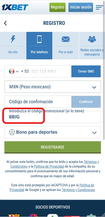 Formulario de inscripción 1xbet