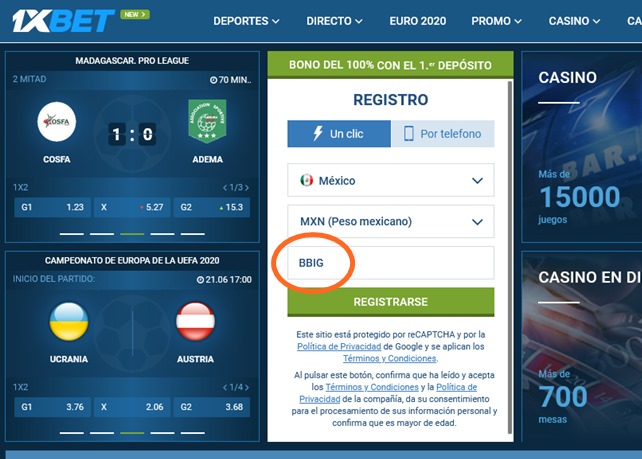 Formulario de inscripción 1xbet