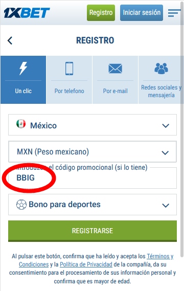 Formulario de inscripción 1xbet